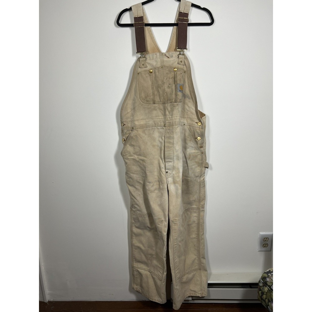 Vintage Carhartt Double Knee Duck Bib Overalls Tan Distressed Workwear Grunge
